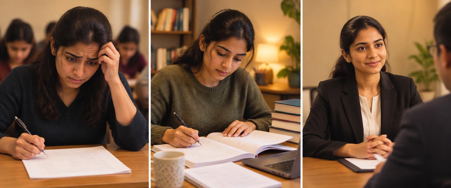 Three stages: nervous graduate, practising with the playbook, confident in the interview